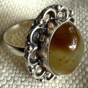 Vintage Sterling Silver 925 Ring w/ Agate Cabochon | Size 7 | Boho Statement